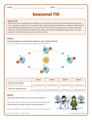 5th Grade Science worksheet on seasonal tilt and Earth's orbit