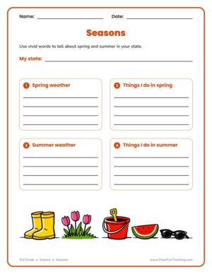 3rd grade seasons writing worksheet with boxes to describe spring and summer weather and activities
