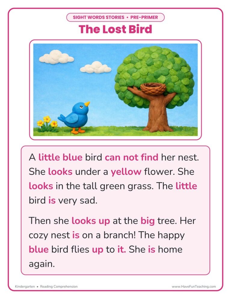 The Lost Bird Pre-Primer Sight Words Reading Comprehension Worksheet