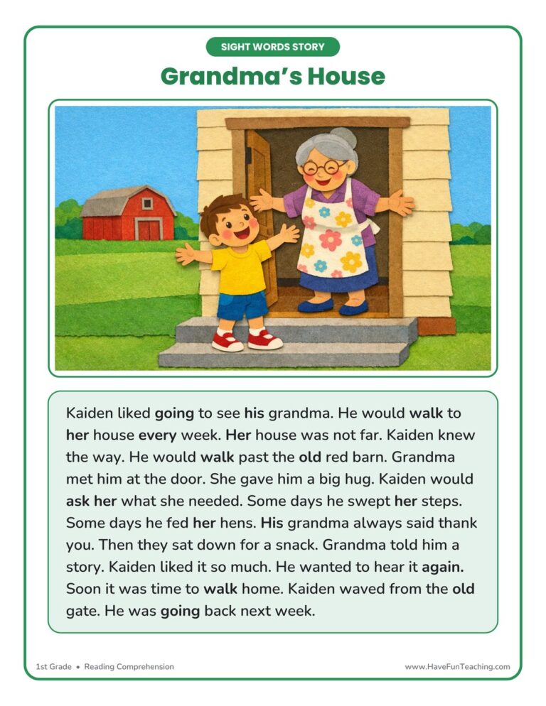 Grandma's House First Sight Words Reading Comprehension Worksheet