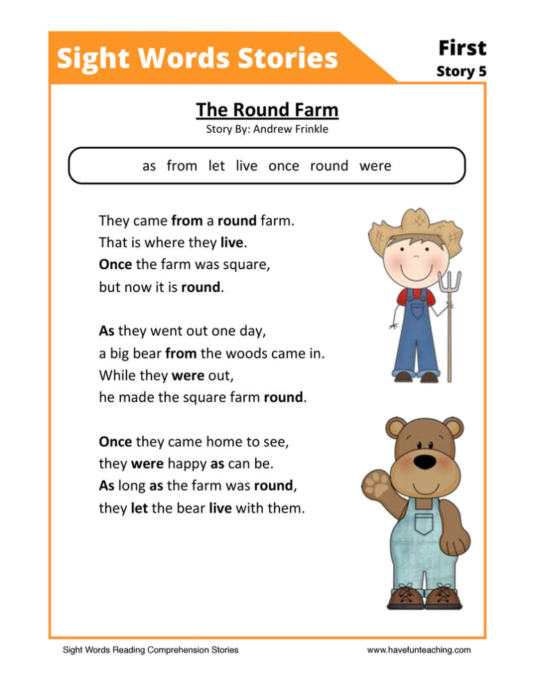 The Round Farm First Sight Words Reading Comprehension Worksheet
