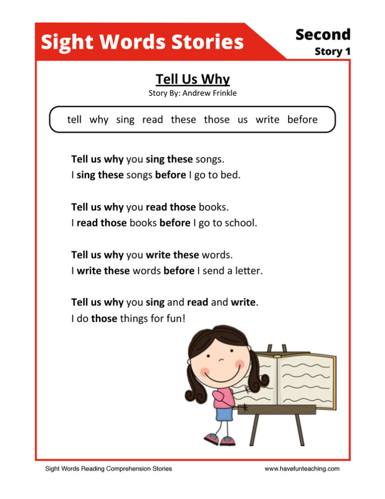 Tell Us Why Second Sight Words Reading Comprehension Worksheet