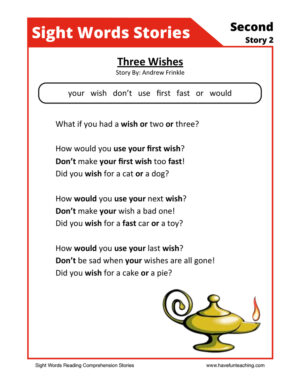 Three Wishes Second Sight Words Reading Comprehension Worksheet
