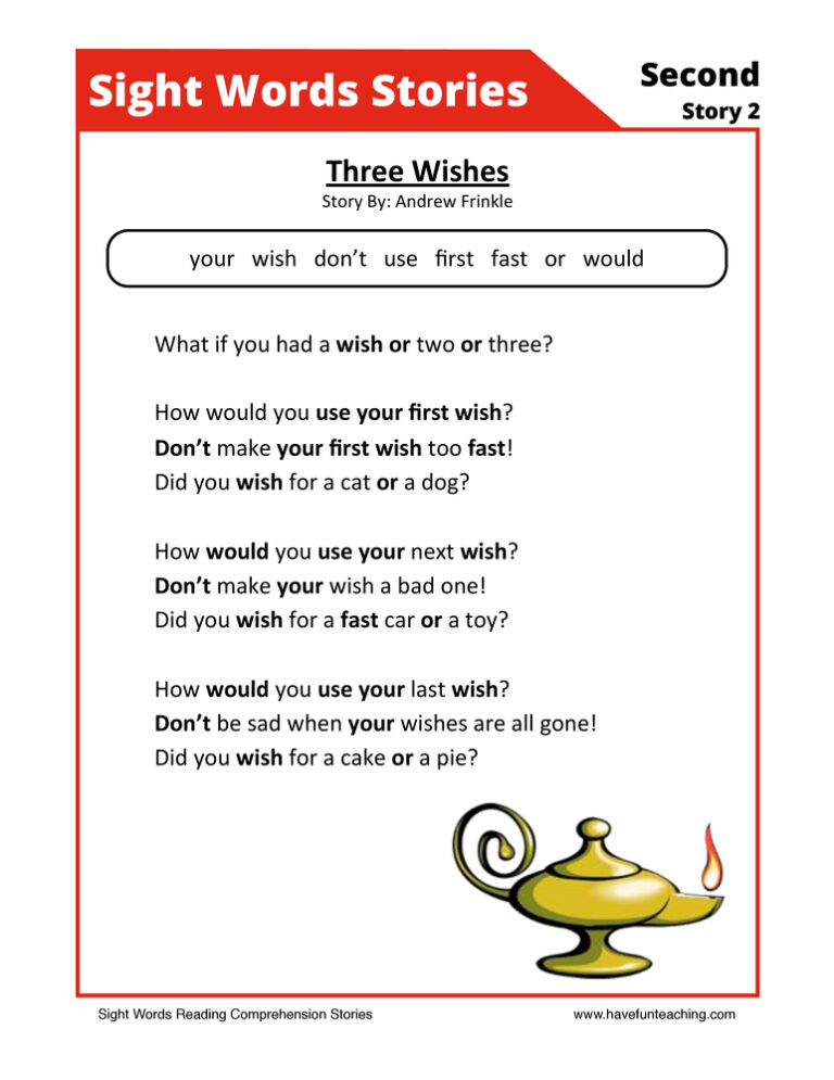 Three Wishes Second Sight Words Reading Comprehension Worksheet