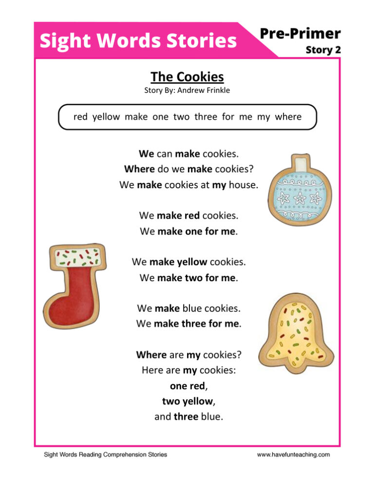 The Cookies Pre-Primer Sight Words Reading Comprehension Worksheet