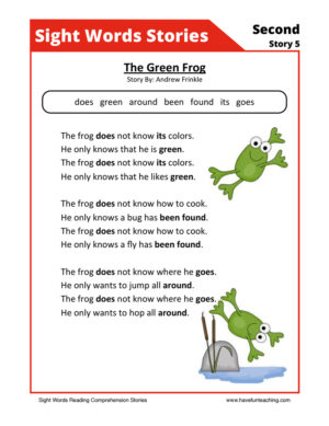 The Green Frog Second Sight Words Reading Comprehension Worksheet