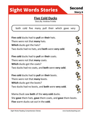 Five Cold Ducks Second Sight Words Reading Comprehension Worksheet