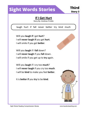 If I Get Hurt Third Sight Words Reading Comprehension Worksheet