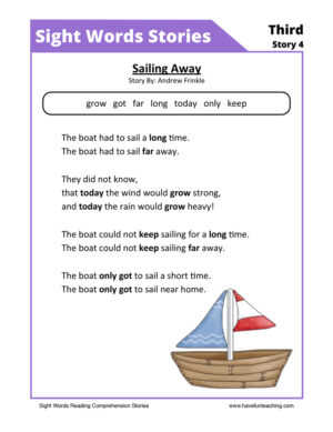 Sailing Away Third Sight Words Reading Comprehension Worksheet