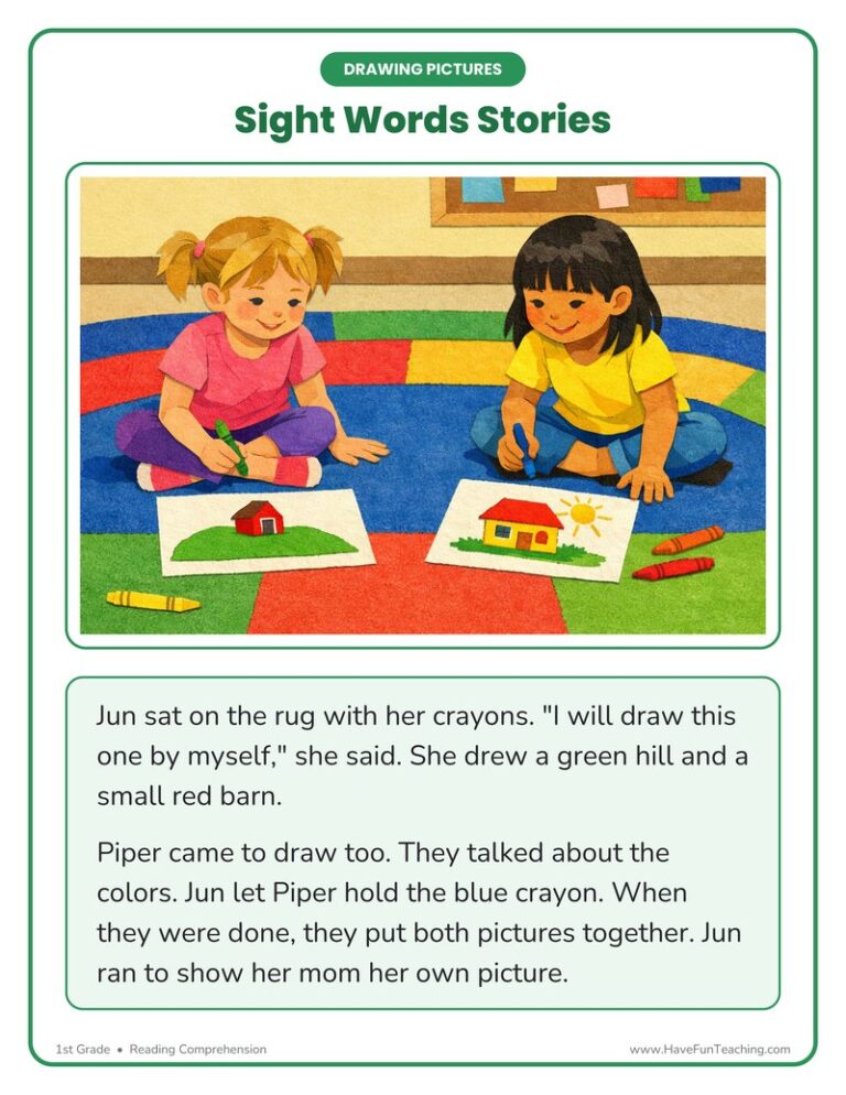 Drawing Pictures Third Sight Words Reading Comprehension Worksheet