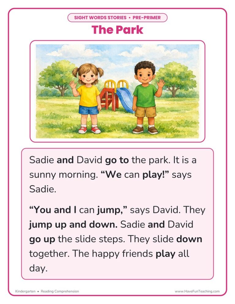 The Park Pre-Primer Sight Words Reading Comprehension Worksheet