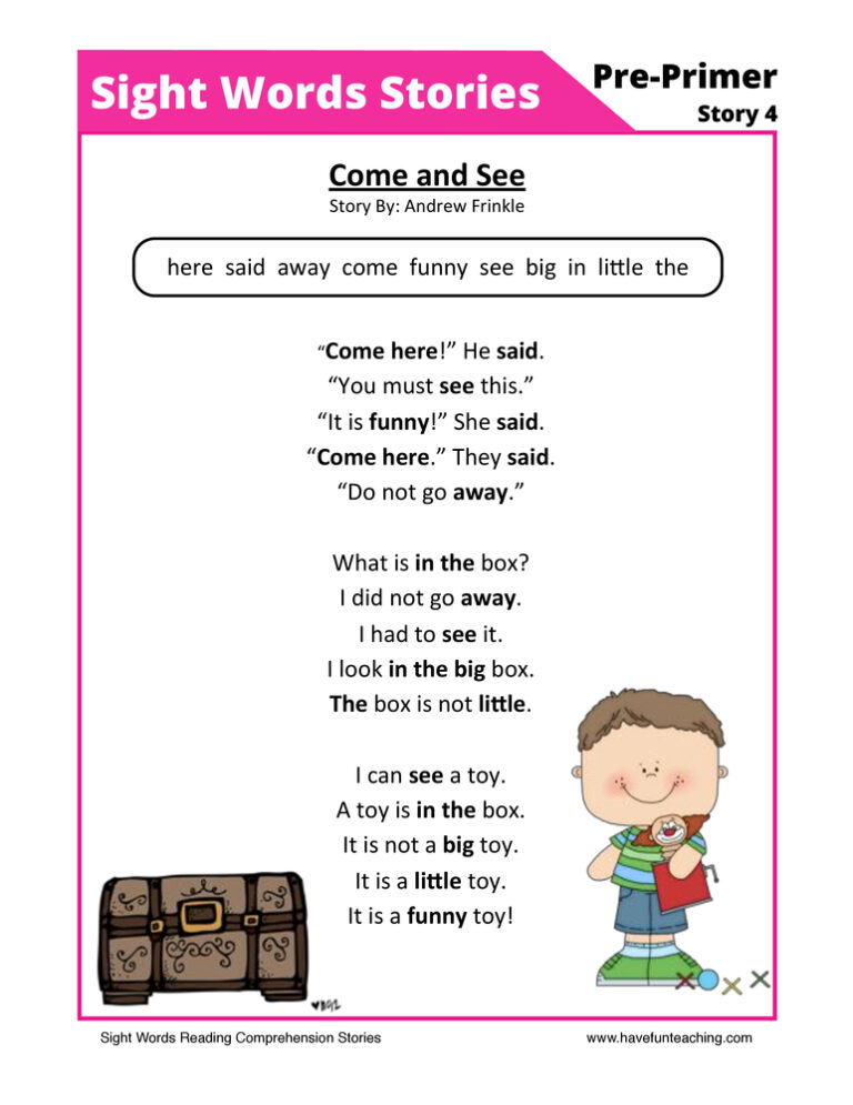 Come and See Pre-Primer Sight Words Reading Comprehension Worksheet