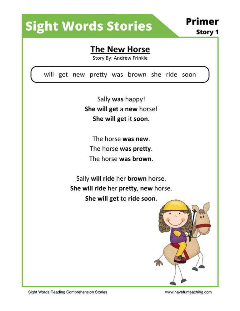 The New Horse Primer Sight Words Reading Comprehension Worksheet
