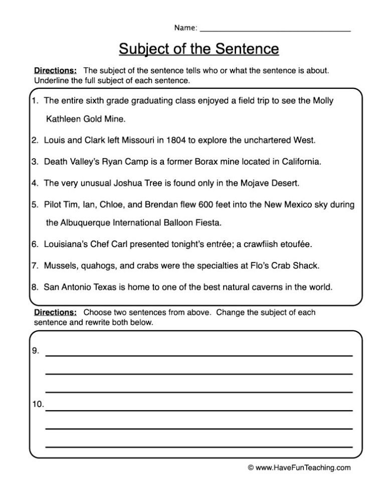 Subject of the Sentence Worksheet