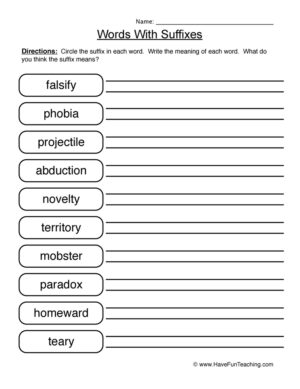 Words with Suffixes Worksheet