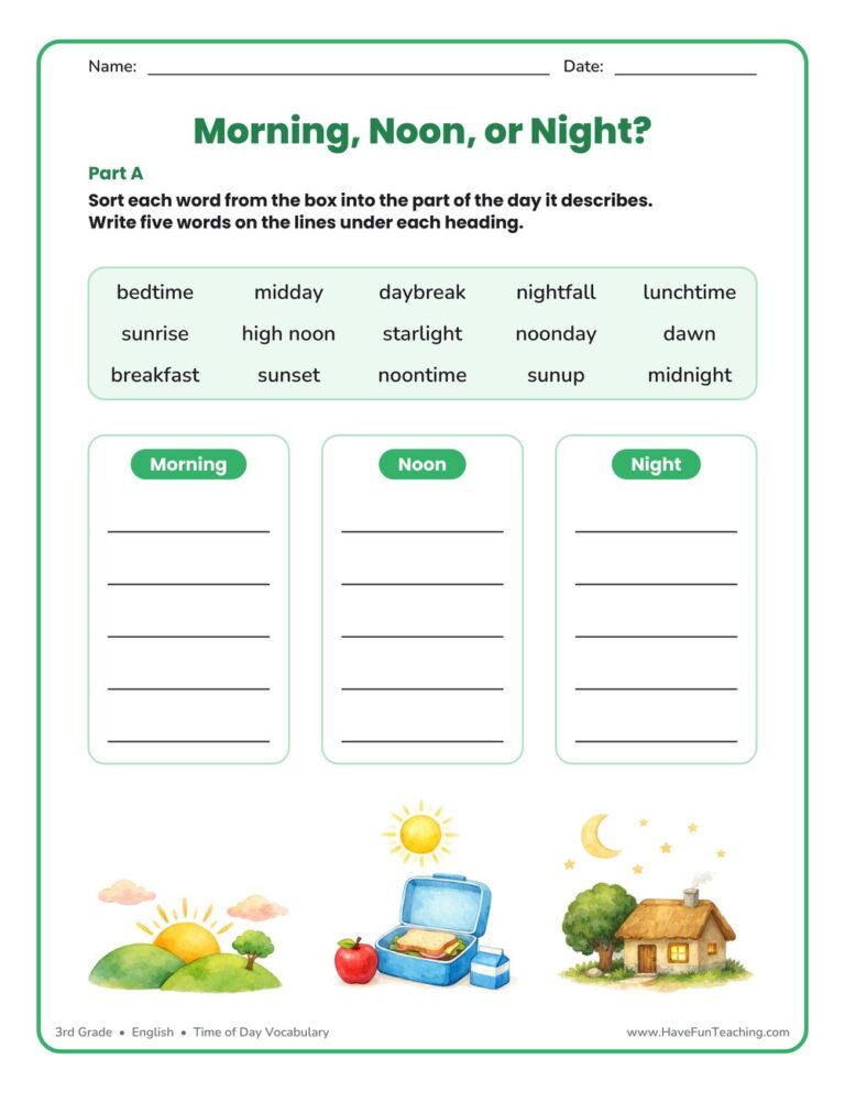 Morning, Noon, or Night Sort Worksheet