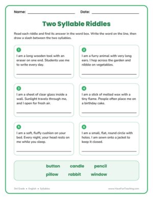3rd Grade two syllable riddles worksheet with six riddle cards and a word box