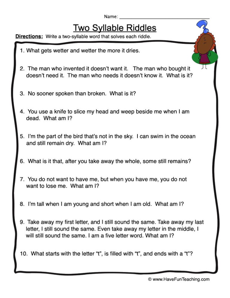 Two Syllable Riddles Worksheet
