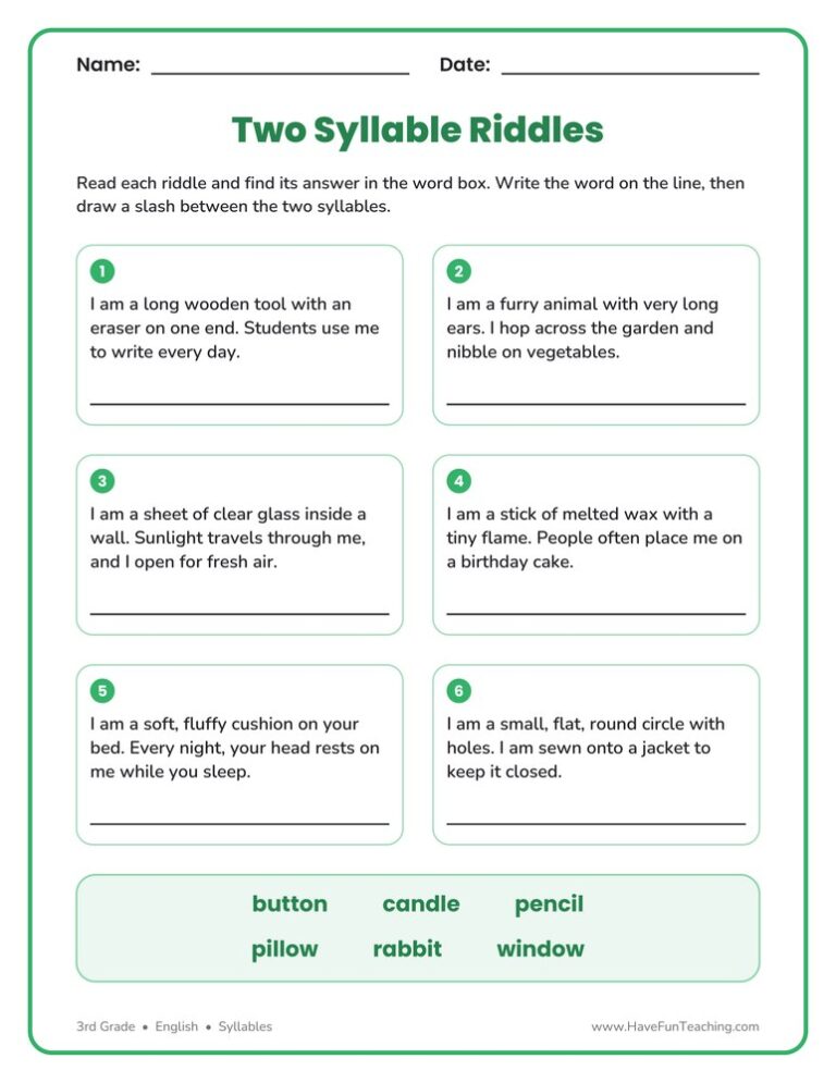 Two Syllable Riddles Worksheet