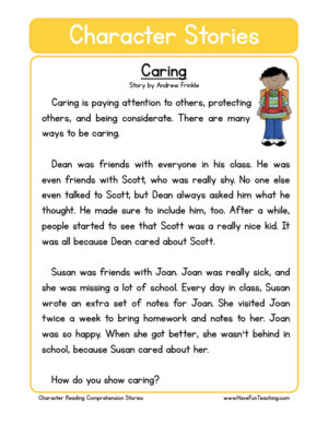 Caring Character Reading Comprehension Worksheet