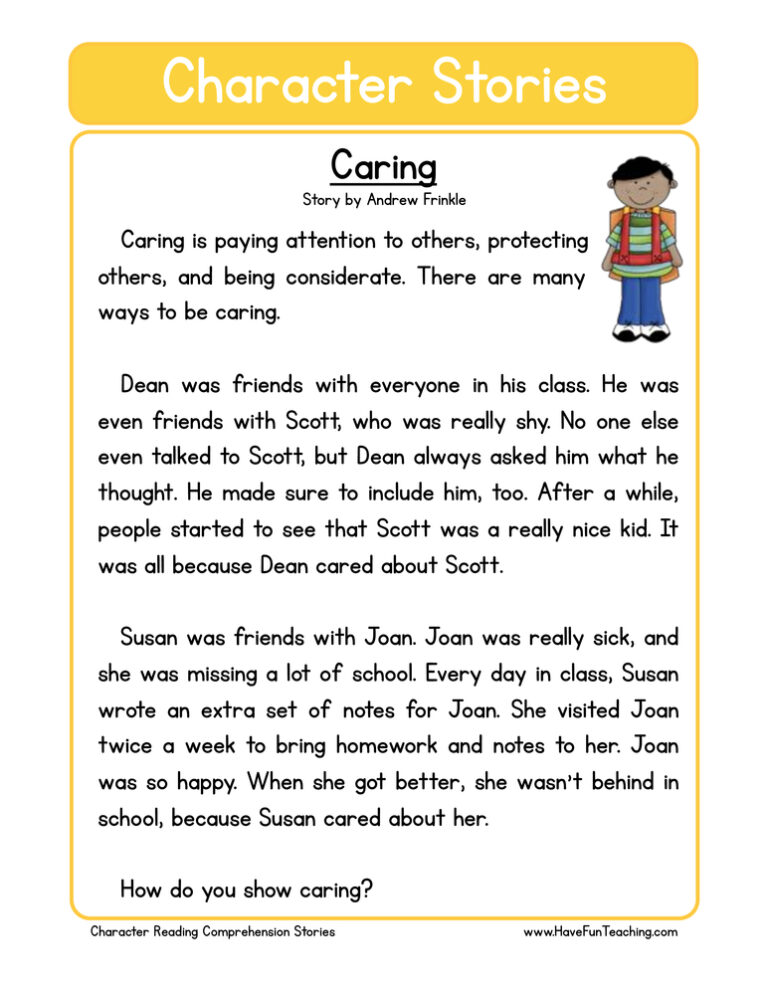 Caring Character Reading Comprehension Worksheet