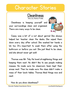 Cleanliness Character Reading Comprehension Worksheet
