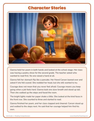 2nd Grade courage character reading comprehension worksheet story page
