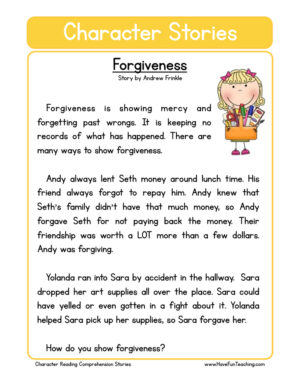 Forgiveness Character Reading Comprehension Worksheet