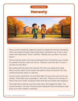 2nd Grade honesty character reading comprehension worksheet