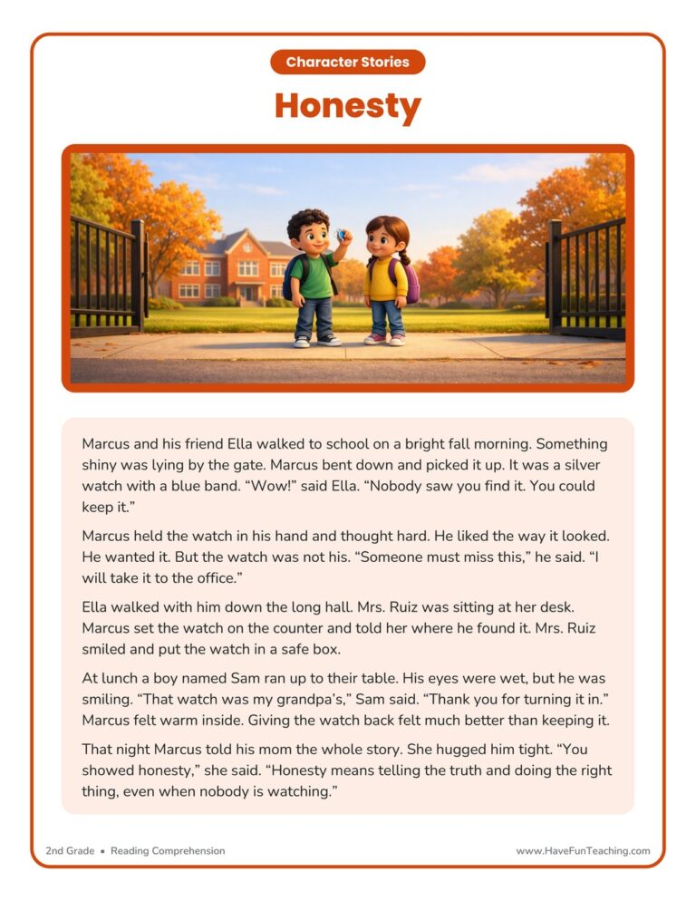 Honesty Character Reading Comprehension Worksheet