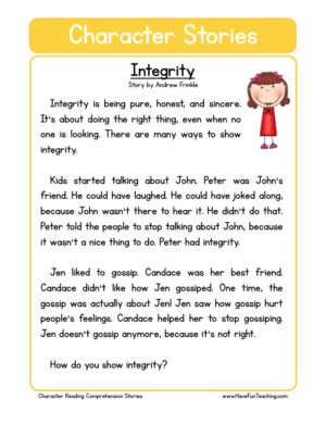 Integrity Character Reading Comprehension Worksheet