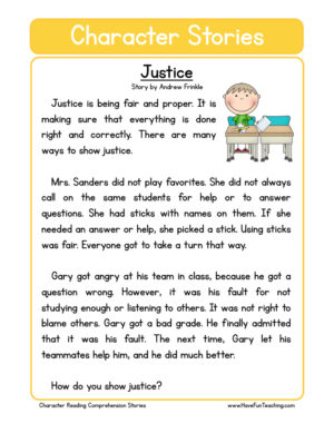 Justice Character Reading Comprehension Worksheet