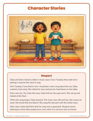 Respect Character Reading Comprehension Worksheet page 1 showing the Character Stories title, an illustration of two second graders singing in music class, and the Respect story.
