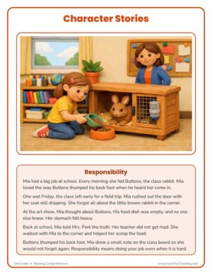 2nd Grade responsibility character education reading comprehension worksheet