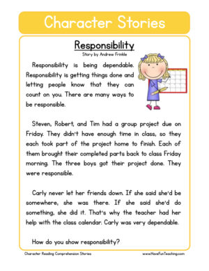 Responsibility Character Reading Comprehension Worksheet