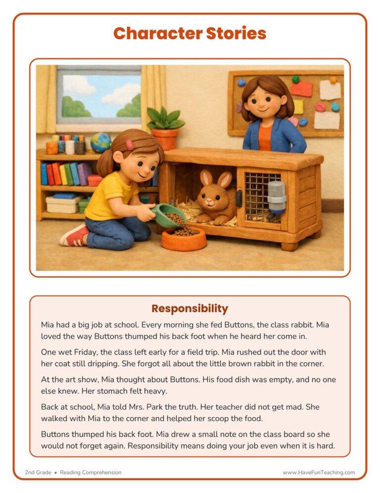 Responsibility Character Reading Comprehension Worksheet
