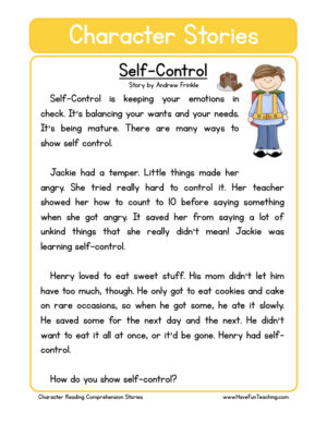 Self-Control Character Reading Comprehension Worksheet
