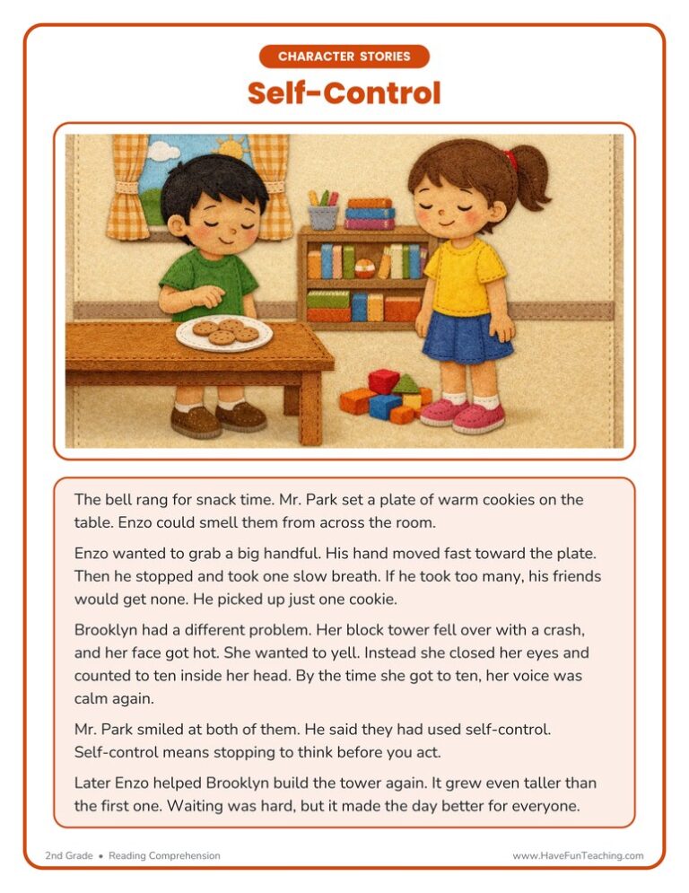 Self-Control Character Reading Comprehension Worksheet