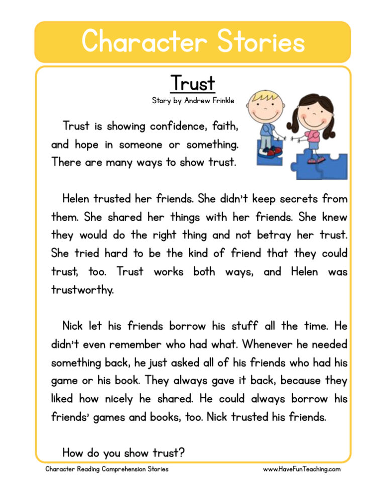 Trust Character Reading Comprehension Worksheet