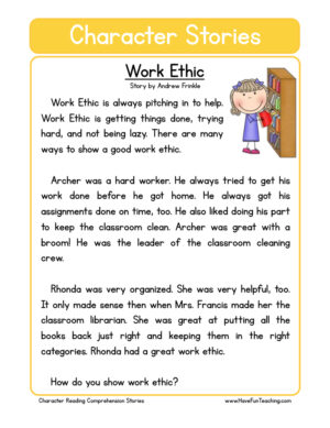 Work Ethic Character Reading Comprehension Worksheet