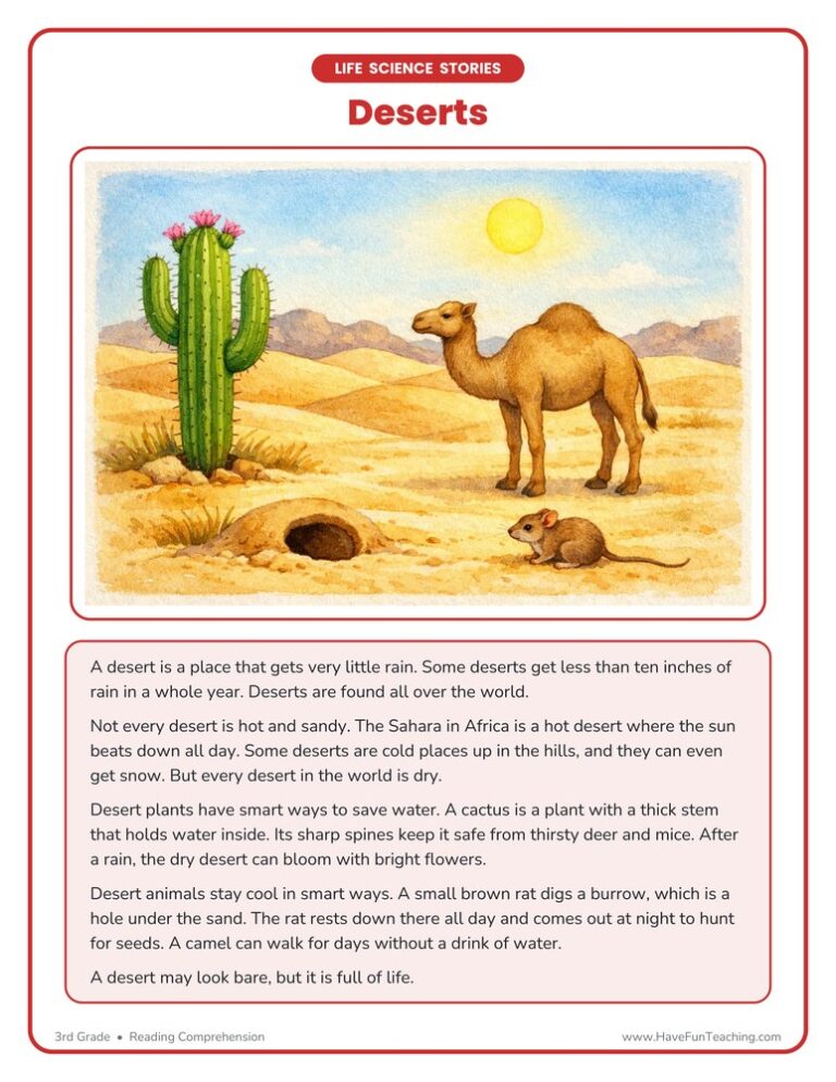 Deserts Life Science Reading Comprehension Worksheet