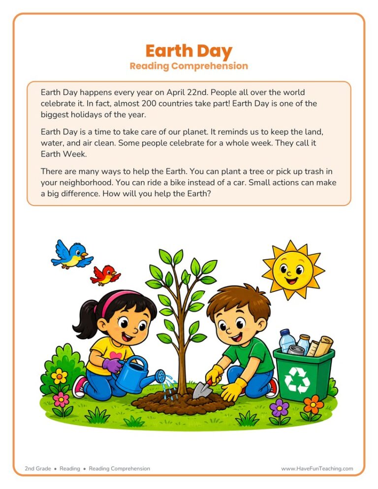 Earth Day Reading Comprehension Worksheet