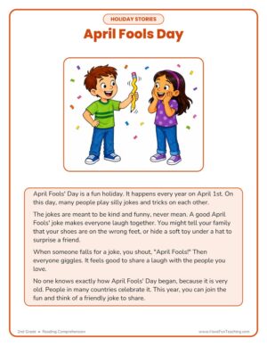 2nd grade April Fools Day reading comprehension worksheet
