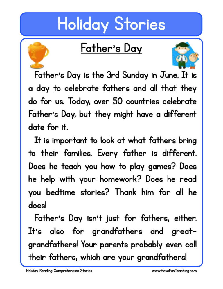 Fathers Day Reading Comprehension Worksheet