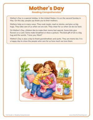 Mother’s Day reading comprehension worksheet with a passage and an illustration of a child hugging their mom with flowers.