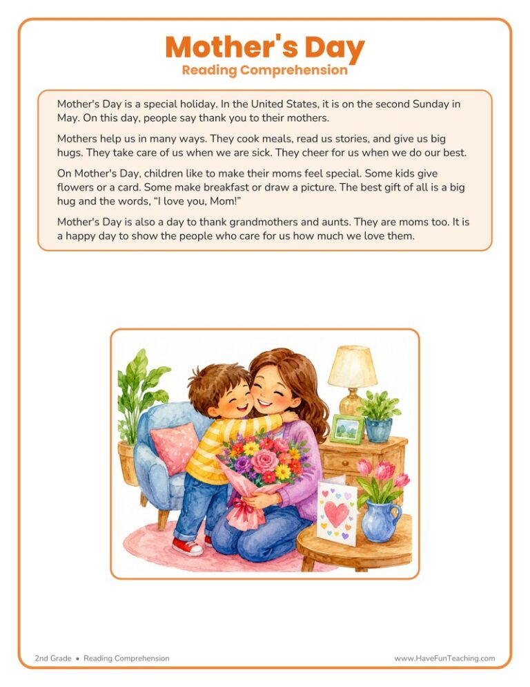 Mothers Day Reading Comprehension Worksheet