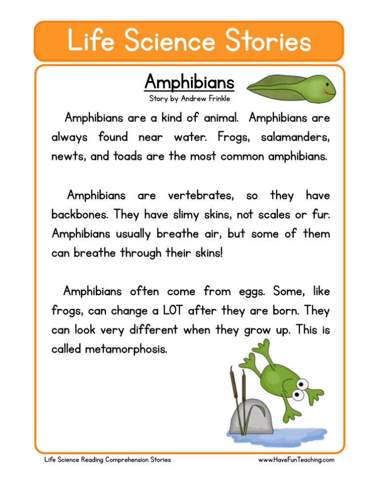 Amphibians Life Science Reading Comprehension Worksheet