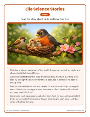 2nd Grade life science reading comprehension worksheet about birds