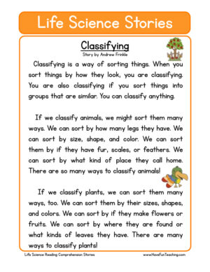 Classifying Life Science Reading Comprehension Worksheet