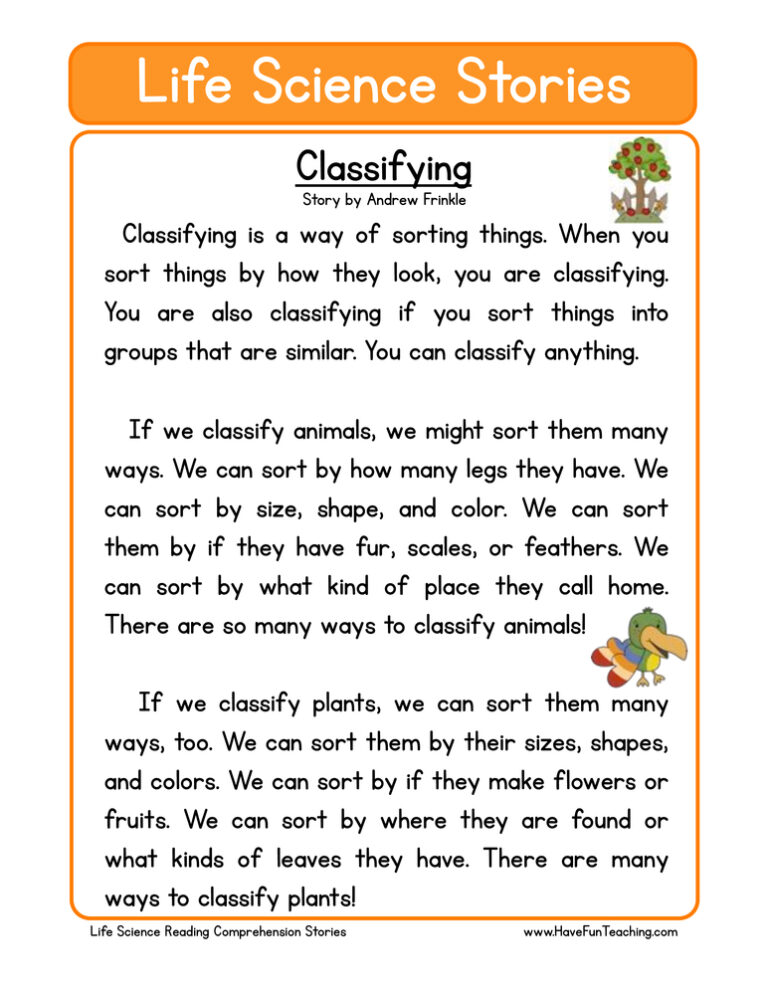 Classifying Life Science Reading Comprehension Worksheet